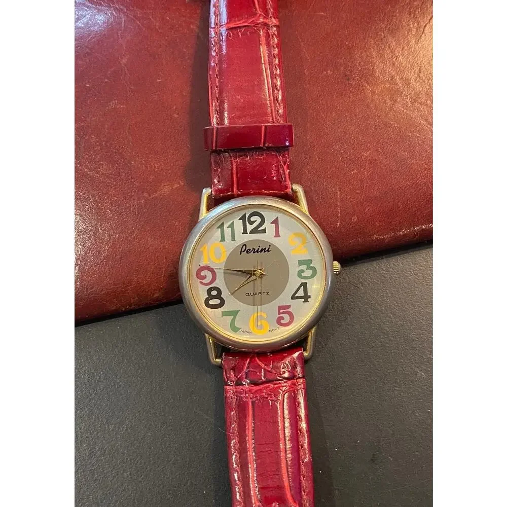 Women's 35mm Gold Tone Perini Watch, Multicolor Dial, Red Leather Band